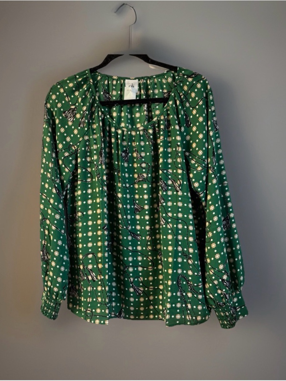 Cabi Women's Long Sleeve Blouse Green Voyage Lightweight S Med Puff Sleeves NWOT